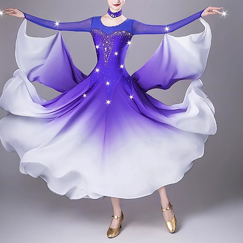 Elegant Ballroom Dance Dress Women's Performance Waltz Dancing Dress Long Sleeve Rhinestones Modern Dancewear Costumes