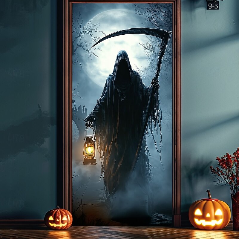 Halloween Door Cover – Grim Reaper with Lantern at Night, Haunted House Entrance Banner, Scary Outdoor 2025 Halloween Decoration for Bedroom, Living Room, Bathroom
