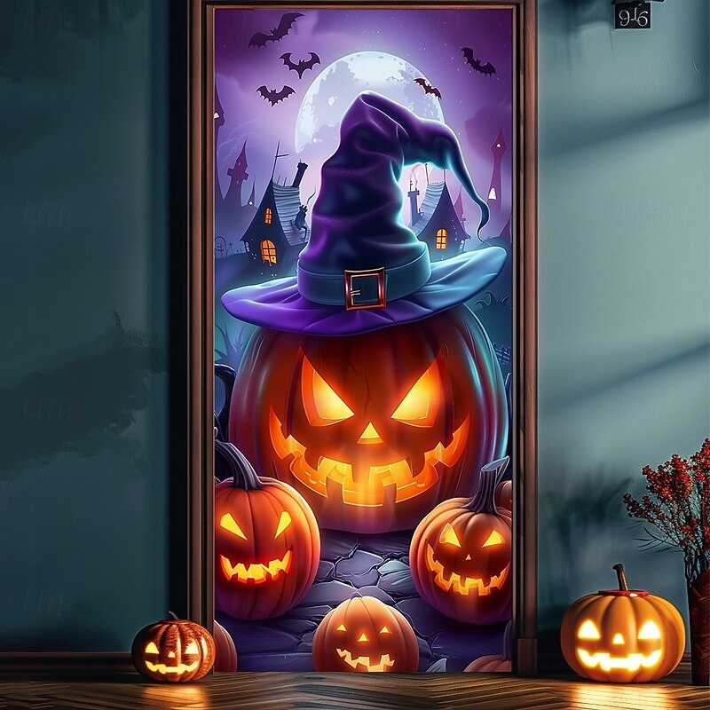 Halloween Door Cover Neon Pumpkin Head Witch Banner, Glowing Blacklight Entrance Decoration for Outdoor & Indoor 2025 Halloween Bedroom, Living Room, Bathroom2