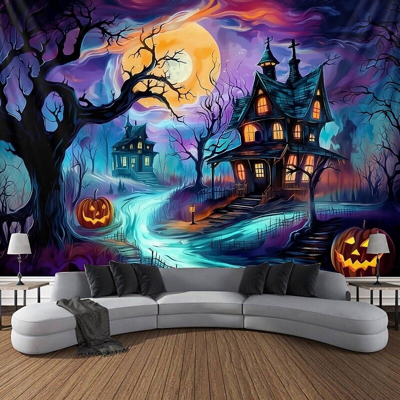 Halloween Blacklight Wall Tapestry – UV Reactive Haunted Path, Neon Colors Spooky Forest Scene, Glow in the Dark Gothic Backdrop for 2025 Halloween Party Decoration4