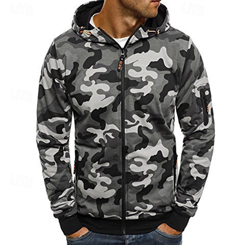 Men's Hoodie Sweatshirt Full Zip Hoodie Camouflage hoodie Tactical Hoodie Green Gray Hooded Camouflage Sports & Outdoor Daily Streetwear Casual Workout Athletic Fall Clothing Apparel Hoodies