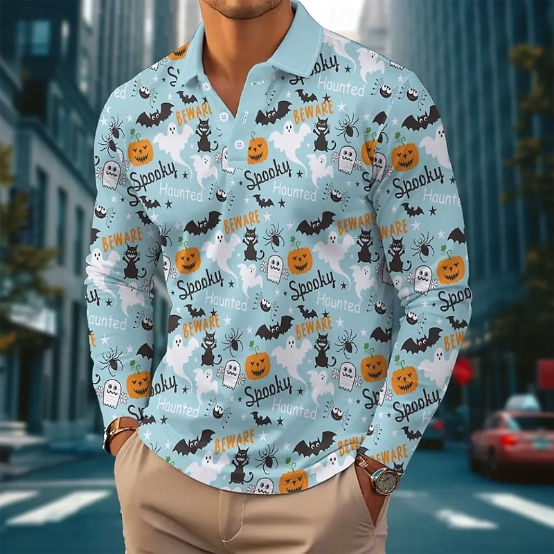 Halloween Men's Cat Pumpkin Polo Long Sleeve Polo Shirts Lapel Casual Outdoor Street Daily Wear 3D Print Buttons Spring Fall Winter Blue