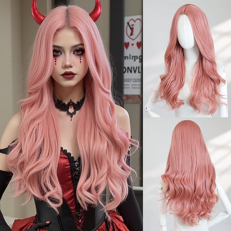 24″ Long Pink Wavy Wig – No Bangs, Full-Length Synthetic Hair, Ideal for Halloween, Cosplay & Everyday Glam