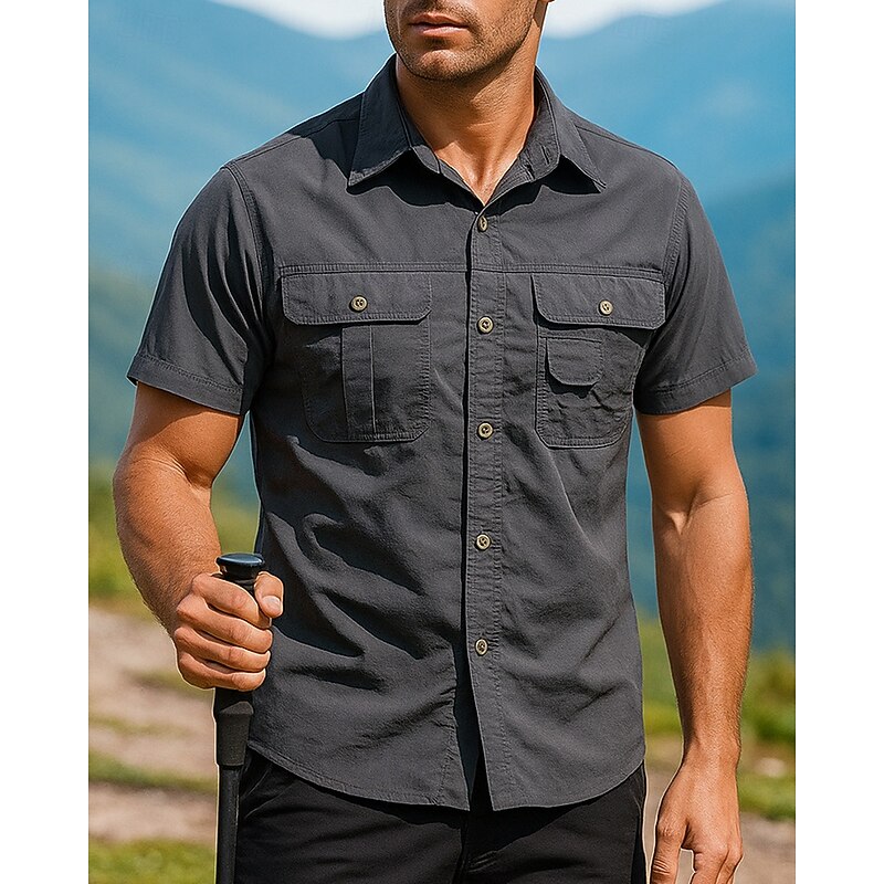 Men's Cargo Shirt Hiking top Zip-off Sleeve Shirt Long Sleeve Turndown Top Outdoor Quick Dry Cotton Blend Grey Traveling Running2