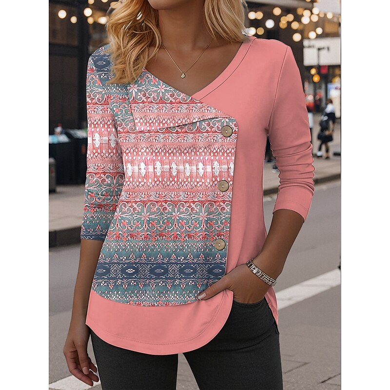 Women's Blouse Tunic V Neck Long Sleeve Buttons Graphic Geometric Fashion Classic Casual Regular Tops Daily Patchwork Print Pink Dusty Rose Blue Purple Green Spring Fall Winter4
