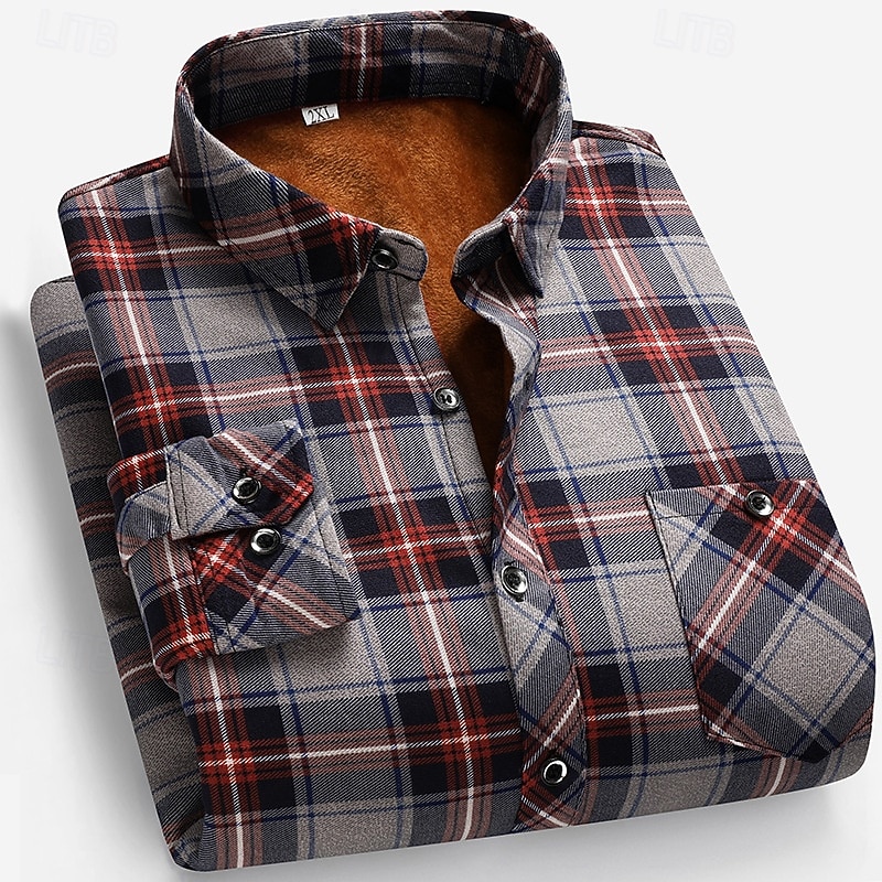 Men's Casual Shirt Flannel Shirt Plaid Shirt Button Up Shirt Red Blue Long Sleeve Plaid / Check Lapel Vacation Casual Daily Button-Down Clothing Apparel Fashion Casual Comfortable