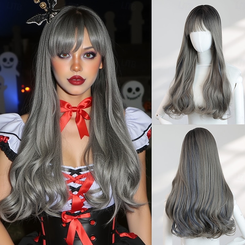 Women's 22″ Grey Wavy Ends Halloween Wig – Full Bangs, Heat‑Resistant Synthetic Long Hair for Costume & Fashion