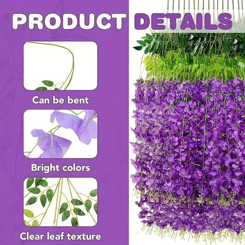 36 Pack Artificial Wisteria Hanging Flowers, 3.6ft Long Purple Vine Garland for Wedding, Garden, Wall, Fence, Party Decoration3