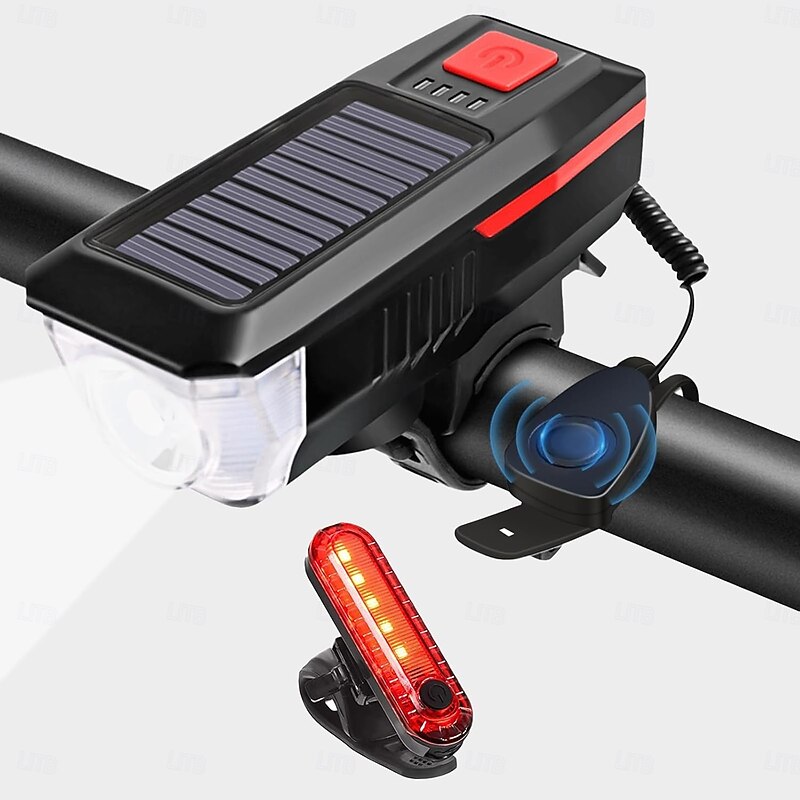Rechargeable Solar Bike Lights, Night Ultra Bright Bicycle Lights Headlight and Back Taillight with Electric Bell, Easy to Install Waterproof, Road and Mountain LED Bike Lights