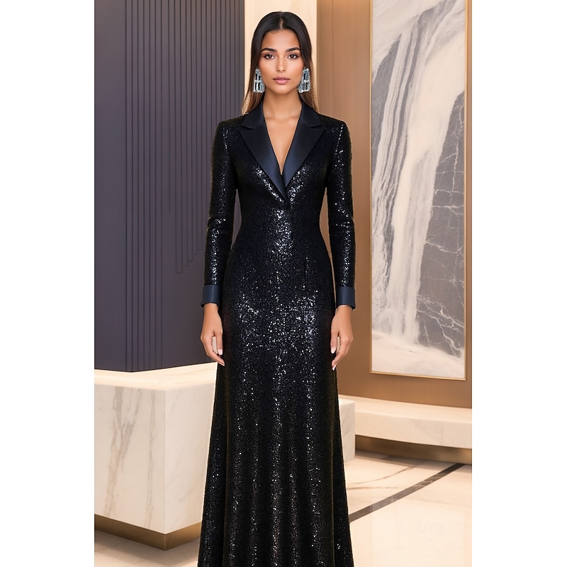 Tuxedo Dress A-Line Formal Wedding Guest Kentucky Derby Sequin Elegant Celebrity Style Long Sleeve Floor Length Lapel