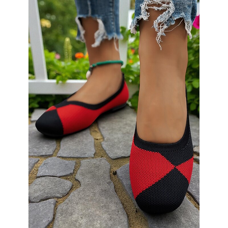 Women's Red and Black Square Toe Knit Flats – Retro Colorblock Shoes for Fall Festivals, Shopping & Casual Workwear4