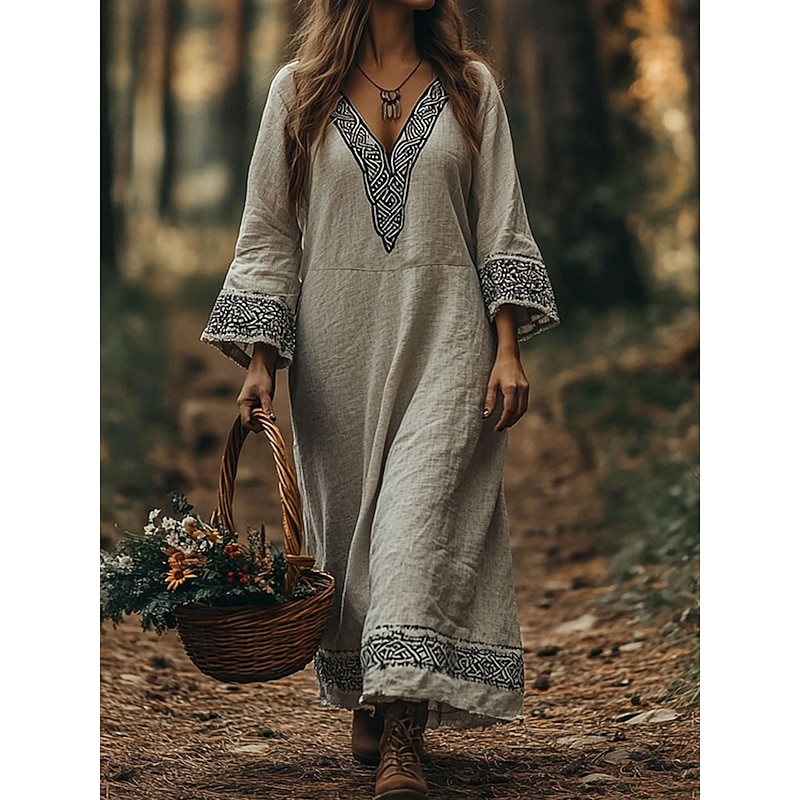 Women's Maxi long Dress A Line Dress Vacation Casual Boho Beach Regular Fit Graphic Geometric Long Sleeve V Neck Pink Blue Purple Green Summer Spring Fall