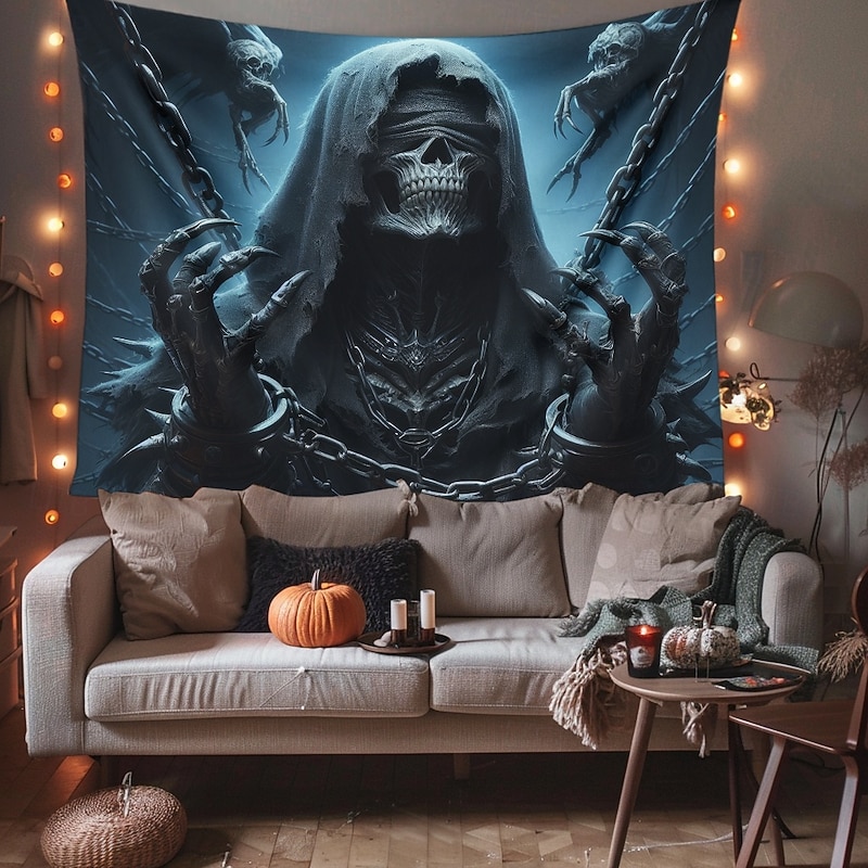 Halloween Hanging Tapestry Death God Photograph Backdrop Jack O Lantern Wall Art Large Tapestry Mural Decor Blanket Curtain Home Bedroom Living Room Decoration Death Selfie3