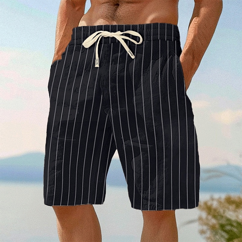 Men's Shorts Linen Shorts Summer Shorts Beach Shorts Elastic Waist Drawstring Stripe Comfort Breathable Knee Length Outdoor Casual Daily Vacation Fashion Black White Inelastic