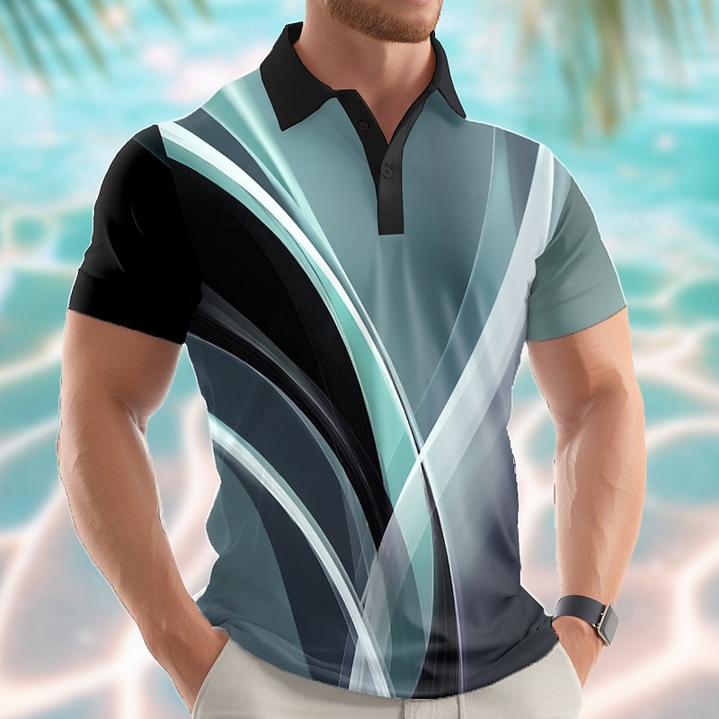 Men's Geometric Abstract Polo Short Sleeve Polo Shirts Lapel Casual Athleisure 3D Print Buttons Summer Blue Purple Green2
