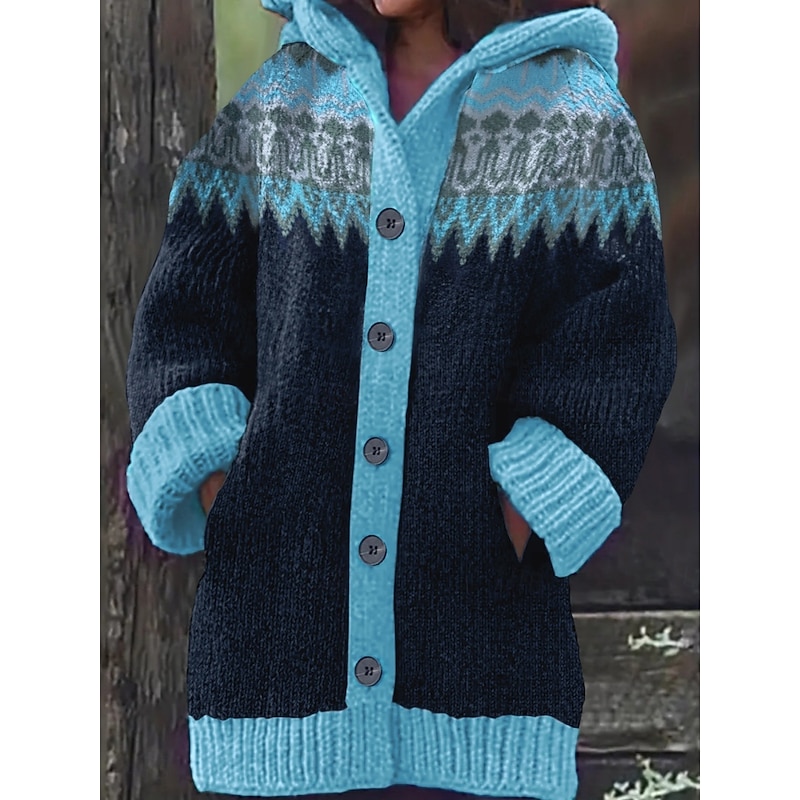 Women's Winter Coat Warm Comfortable Pocket Fashion Daily Geometric Outdoor Casual Daily Single Breasted Regular Hooded Regular Fit Long Sleeve Outerwear Blue Fall Winter