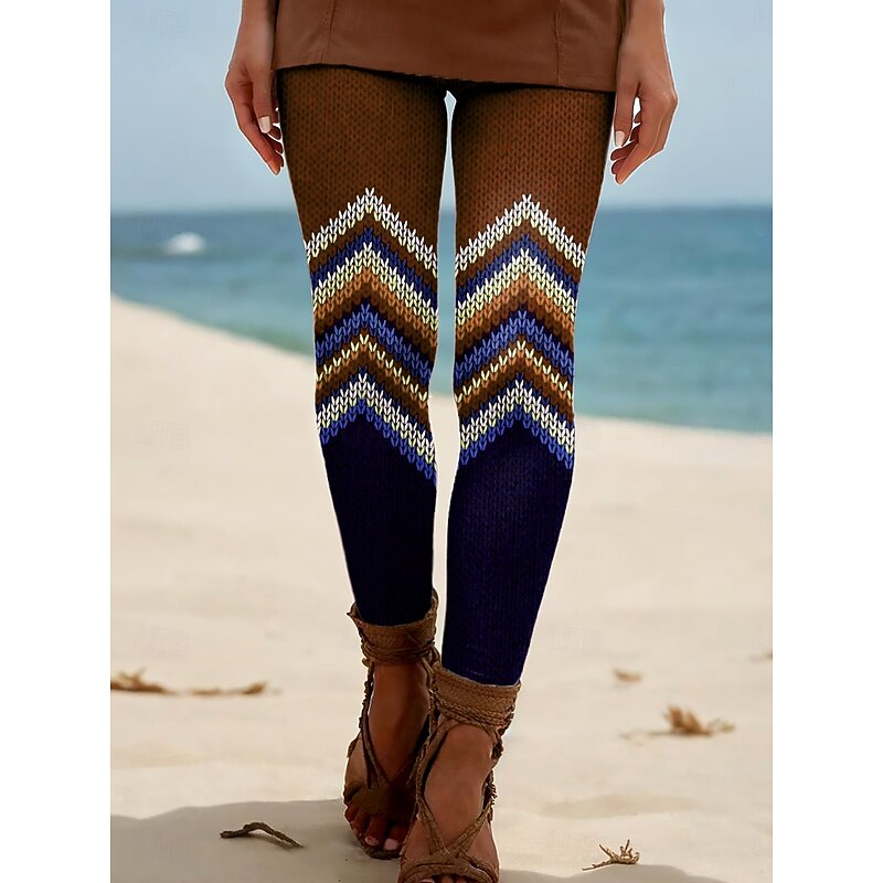 Women's Leggings Vacation Vintage Ethnic Style Ankle-Length High Waist Graphic Geometric Plaid Checkered 3D Print Breathability Soft Comfortable Stretchy Outdoor Vacation Home claret Royal Blue Brown2