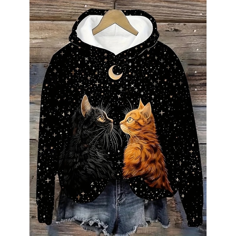 Women's Hoodie Pullover Sweatshirt Oversized Long Sleeve Casual Graphic Animal Cat Vintage Fashion Western Hooded Regular Tops Street Dailywear Holiday Print Front Pocket Black Fall Winter