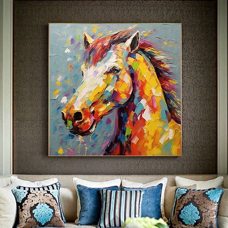 Handmade Oil Painting Canvas Wall Art Decoration Modern Abstract Animal Colorful Horse for Home Children's Room Decor Stretched Frame Hanging Painting/Rolled Frameless Unstretched Painting4