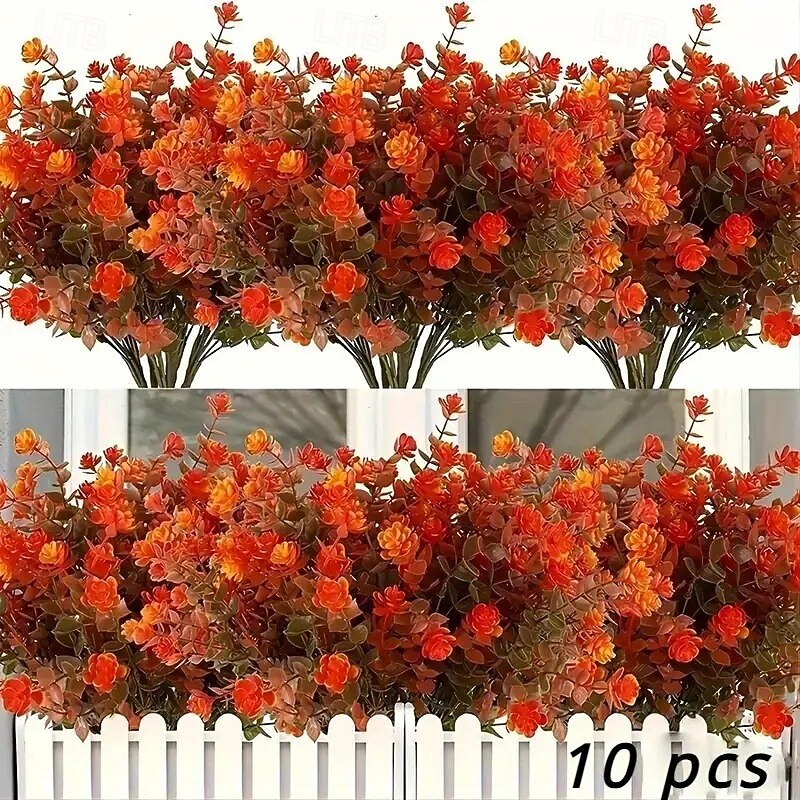 10 Bundles Artificial Fall Flowers Orange, Vibrant Fake Autumn Plants for Indoor Outdoor Decor, Thanksgiving Christmas Wedding Home Garden Fireplace Aesthetic Room Decorations