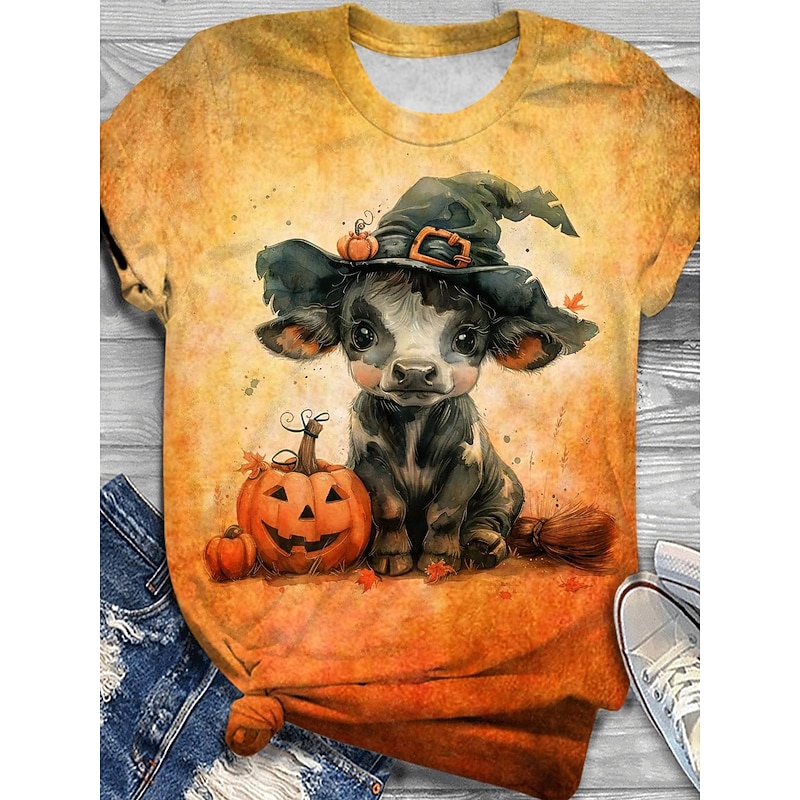 Halloween Women's T Shirt Graphic Animal Cow Cute Stylish Casual Short Sleeve Crew Neck Round Neck Regular Tops Daily Print Black Yellow Orange Summer Fall2