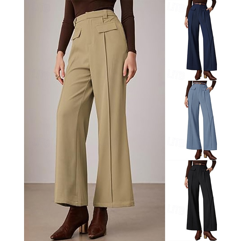 Women's Dress Pants Wide Leg Fashion Streetwear Full Length Natural Plain Pocket Comfy Office Work Business Navy Lake Blue Black Khaki Fall Regular Fit