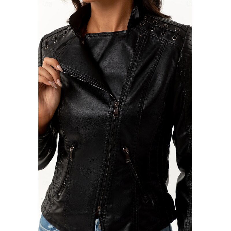 Women's Faux Leather Jacket Windproof Comfortable Pocket Full Zip Fashion Outdoor Plain Street Casual Daily Regular Turndown Regular Fit Long Sleeve Outerwear Deep Purple Black Yellow Spring Fall2