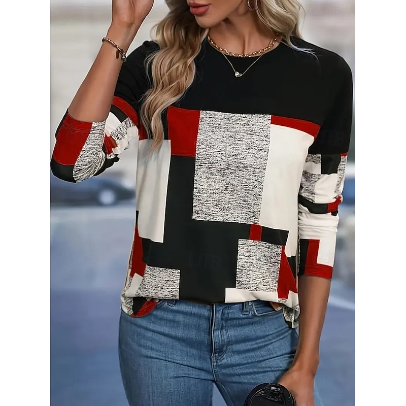 Women's T shirt Long Sleeve Crew Neck Long Sleeve Tunic Graphic Striped Geometry Vintage Stylish Round Neck Regular Tops Daily Print Red Green Gray Fall Prefall2