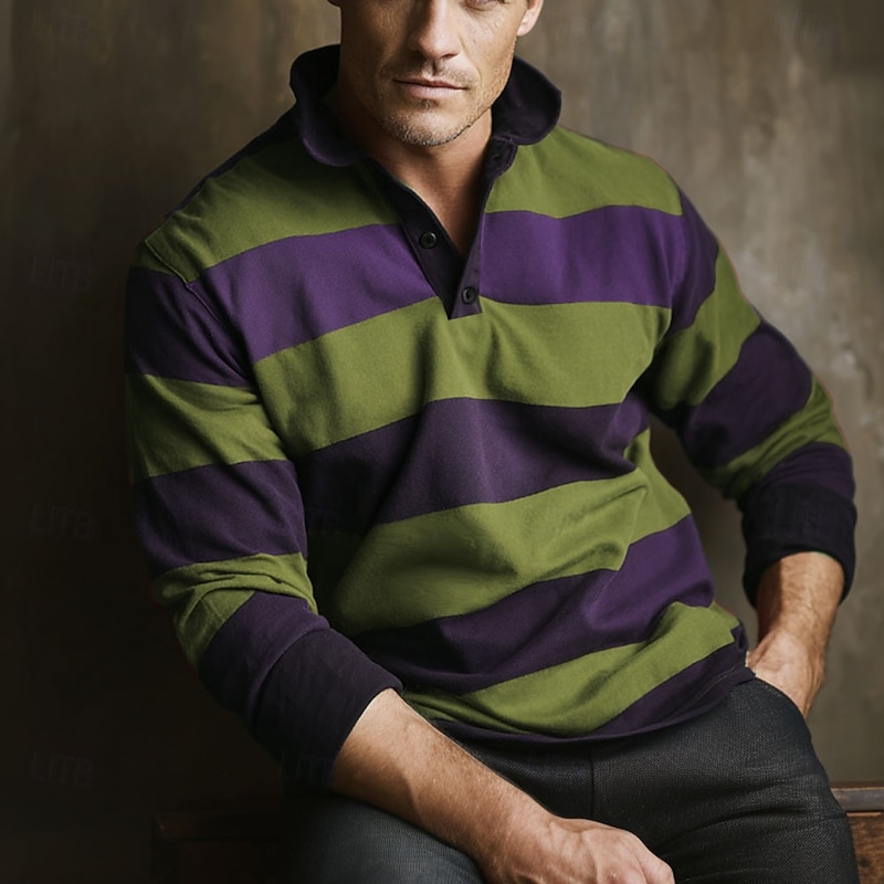 Men's Horizontal Stripes Rugby Polo Long Sleeve Polo Shirts Collared Shirts Sportswear Casual School Outdoor Athleisure 3D Print Spring Fall Winter Red Blue Purple4