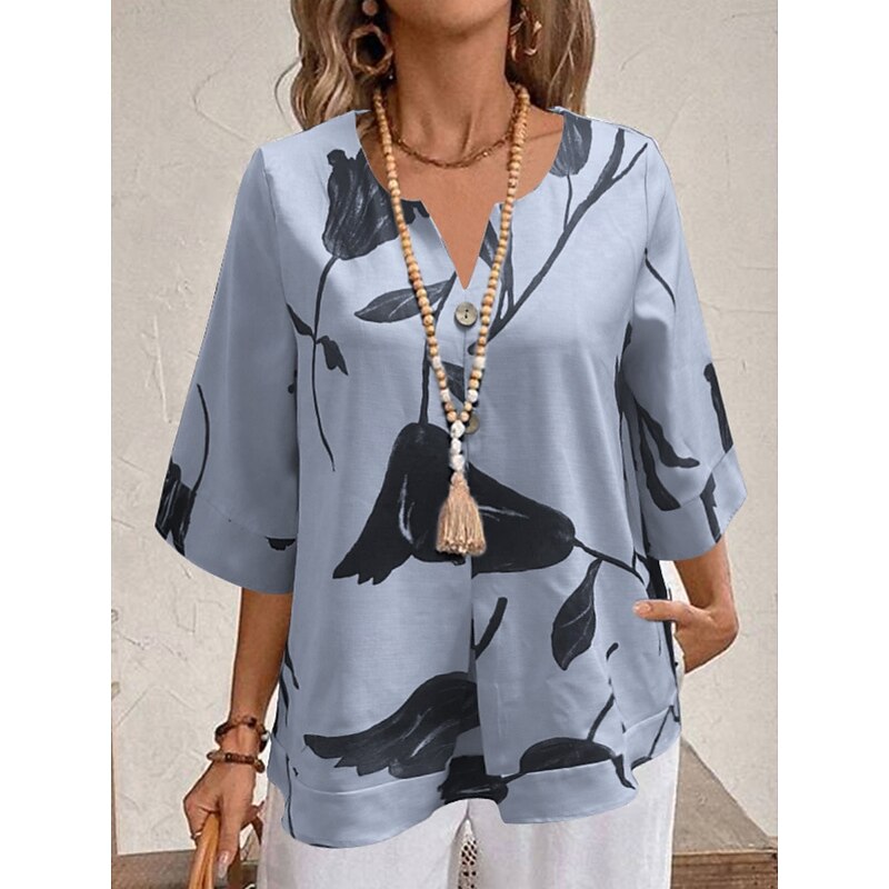 Women's Shirt Floral Stylish Modern 3/4 Length Sleeve V Neck Regular Tops Daily Holiday Print White Yellow Red Purple Light Blue Summer3