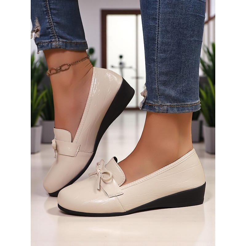 Women's Cream Faux Leather Loafers – Comfortable Bowknot Slip-On Wedge Flats, Casual Elegant Shoes for Office, Shopping and Daily Wear2