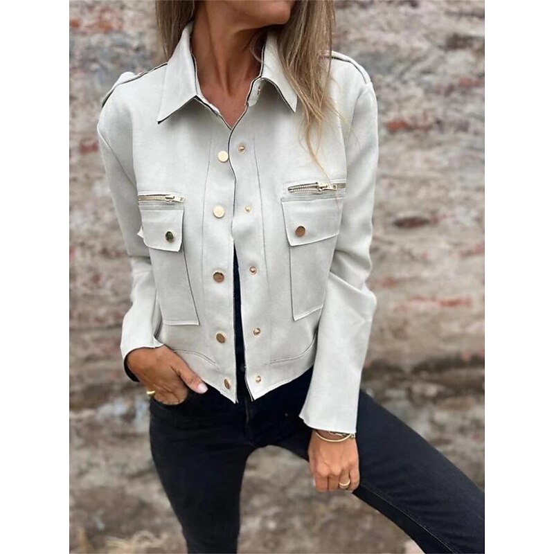 Women's Casual Jacket Comfortable Breathable Pocket Fashion Daily Plain Outdoor Casual Daily Single Breasted Regular Lapel Regular Fit Long Sleeve Outerwear Black White Light Green Spring Fall4