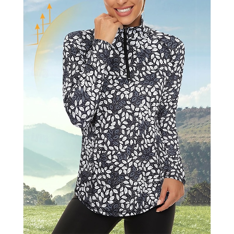 Women's Floral Golf Polo Shirt Tennis Shirt Long Sleeve Print Quarter Zip Pullover UV Protection Elastic Breathable Tennis Golf Pickleball Zip Collar Shirt Polo Pink Blue Gray Tennis Clothing3