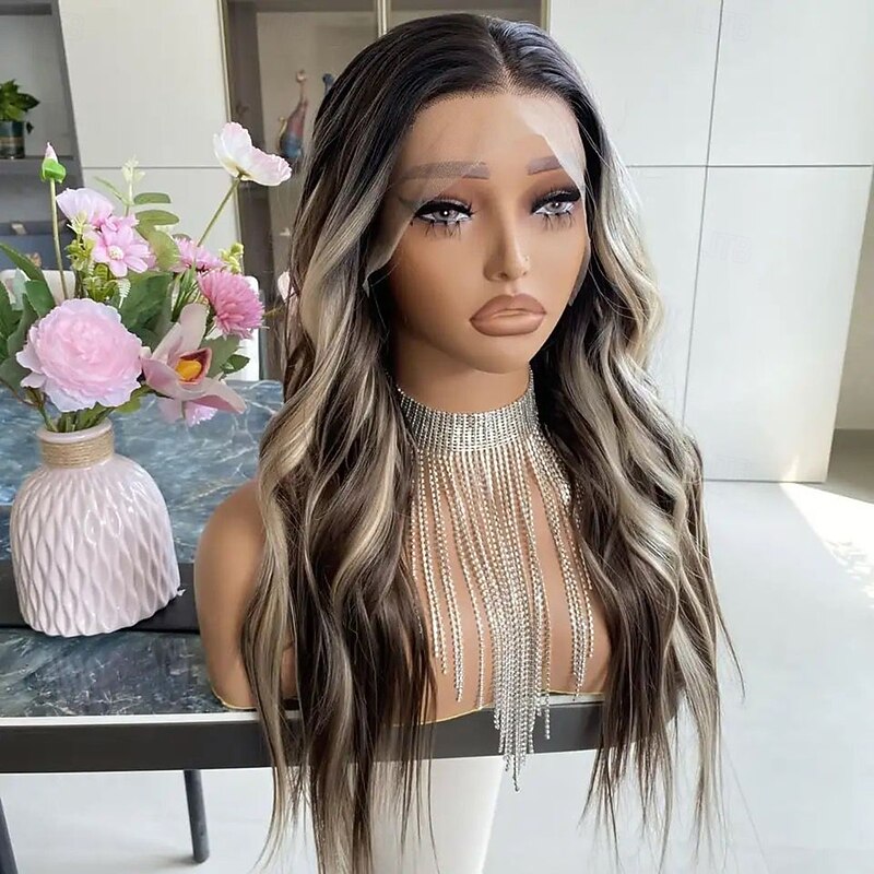 Brazilian Virgin  Remy Human Hair 5x5 Closure Wigs 13x4 Lace Front Wig Middle Part Wavy Ash Blonde Highlight Wig with Baby Hair Glueless Pre-Plucked for Women3