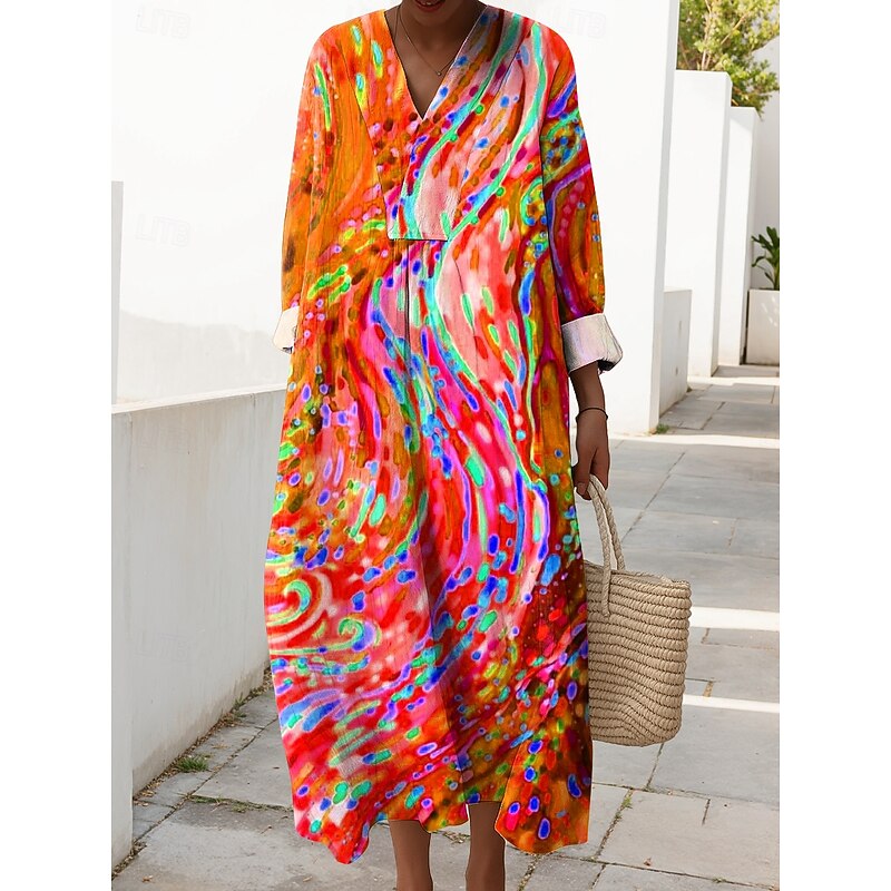 Women's Midi Dress V Neck Long Sleeve Kaftan Lightweight Loose Fit Shift Dress Casual Going out Loose Fit Graphic Geometric Abstract Long Sleeve V Neck Blue Purple Orange Green Fall4