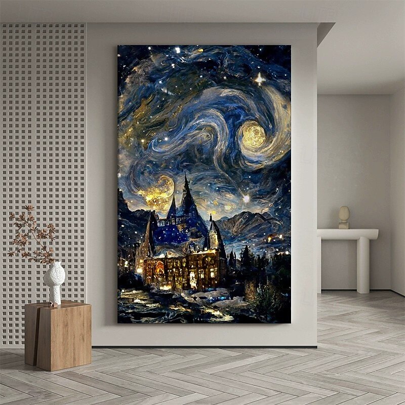 Handmade Oil Painting Canvas Wall Decoration Abstract Starry Sky Castle Landscape for Home Decor Stretched Frame Hanging Painting/Rolled Frameless Unstretched Painting