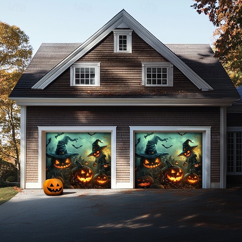 Halloween Garage Door Cover Banner Backdrop – Witch with Jack-o'-Lanterns Under Moon, Easy Hang with Included Hardware, Outdoor Decoration for 2025 Halloween Home Front Yard3