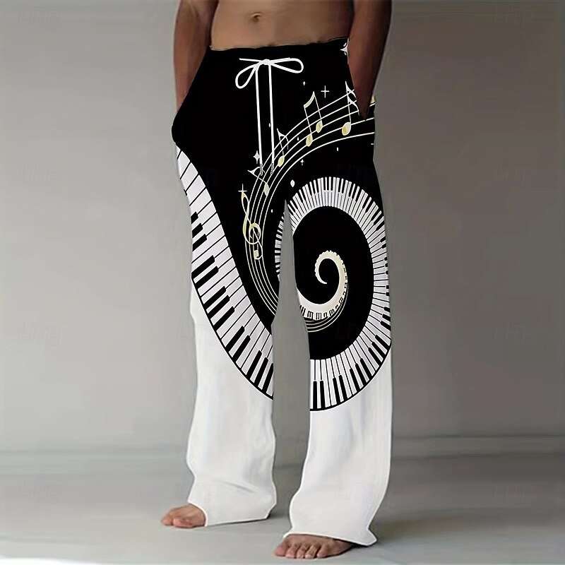 Men's Piano Musical Notes Swirl Trousers Baggy Pants Casual Pants Mid Waist Vintage Retro Outdoor Vacation Elastic Drawstring Waist Linen-Like Pants with Pockets Summer Spring 3D Print Black White