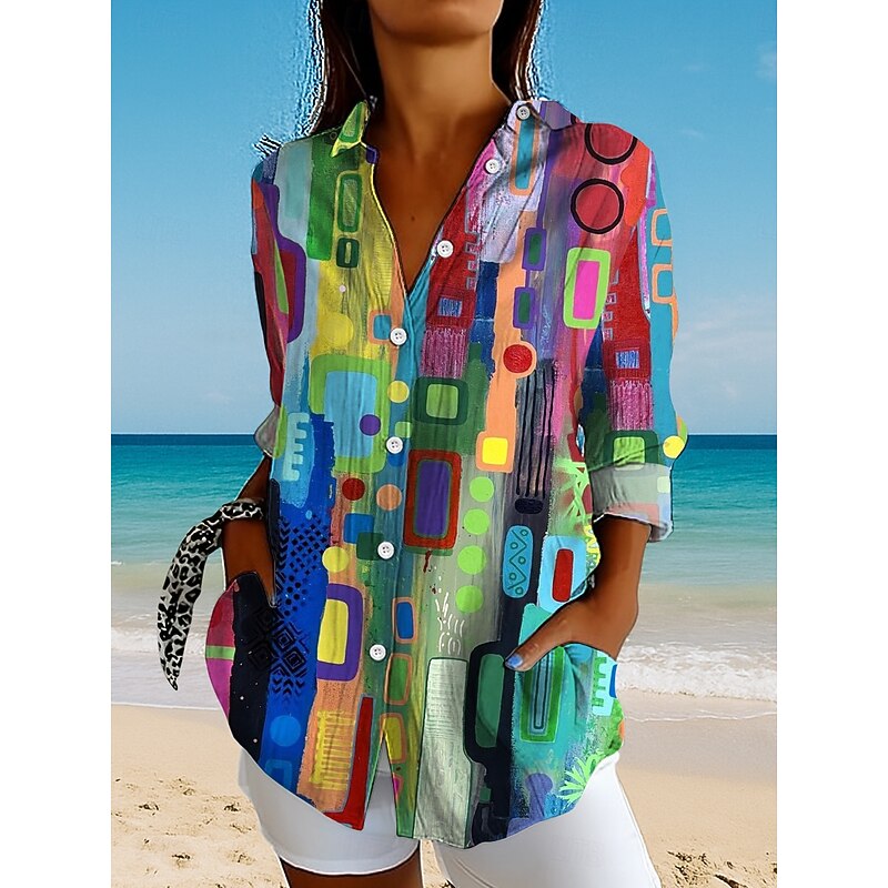 Women's Shirt Button Down Tunic Shirt Collar Long Sleeve Graphic Geometric Plaid Vintage Tropical Daily Regular Tops Work Daily Holiday s Print Yellow Red Blue Purple Green Spring Fall