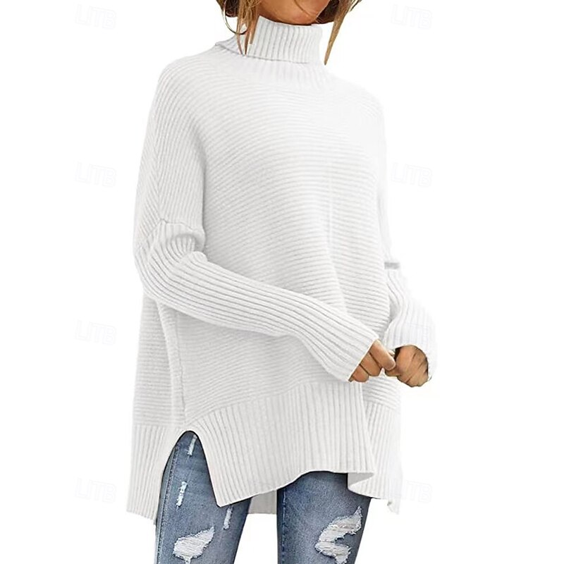 Women's Sweater Pullover Casual Soft Solid Color Ribbed Turtleneck Knitted Split Long Sleeve Regular Tops Knit Outdoor Daily Holiday Wine Red Fuchsia Fall Winter3