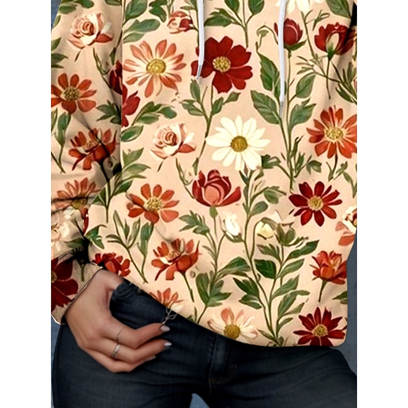 Women's Hoodie Pullover Sweatshirt Oversized Long Sleeve Casual Graphic Floral Warm Active Hooded Regular Tops Street Dailywear Print Maroon Spring Fall Winter3