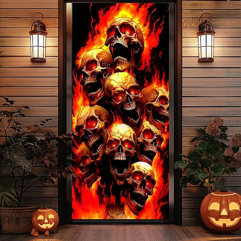 Halloween Door Cover – Fiery Skull Army from Hell, Haunted House Entrance Banner, Scary Outdoor 2025 Halloween Decoration for Bedroom, Living Room, Bathroom