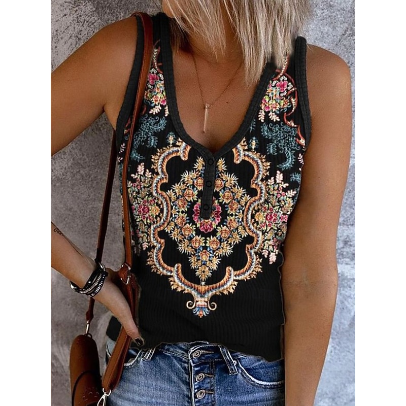 Women's Camisole Tank Top Floral Graphic Geometric Bohemia Vintage Stylish Sleeveless V Neck Regular Tops Daily Print Black Pink Blue Brown Beige Summer Spring