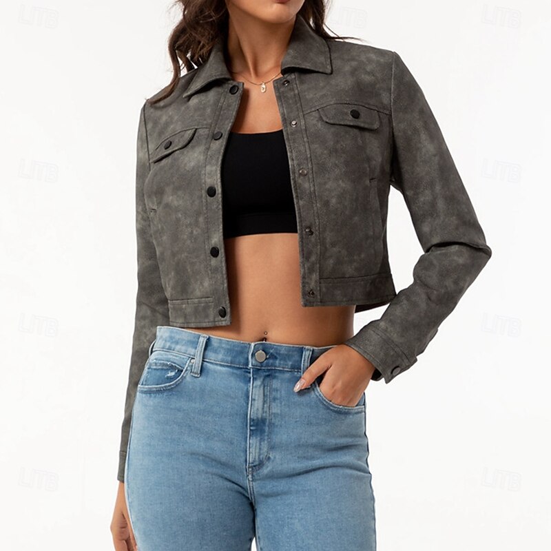 Women's Faux Leather Jacket Comfortable Buttons Fashion Street Style Plain Outdoor Casual Daily Short Turndown Regular Fit Long Sleeve Outerwear Black Pink Burgundy Spring Fall4