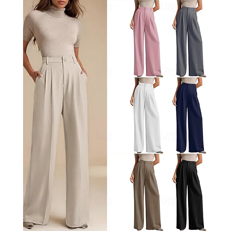 Women's Wide Leg Slacks Streetwear Casual Full Length Natural Plain Elastic Waist Comfortable Street Holiday Daily Wear Apricot Grey Black White Fall Regular Fit