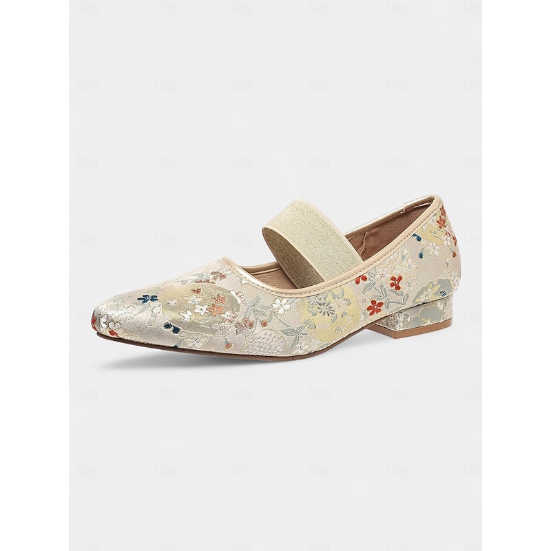 Women's Light Blue Jacquard Mary Jane Flats - Rococo Inspired Comfortable Walking Shoes with Floral Embroidery and Elastic Strap, Medieval Fairy Tale Style for Vintage Lovers, Costume Parties, and Dai4