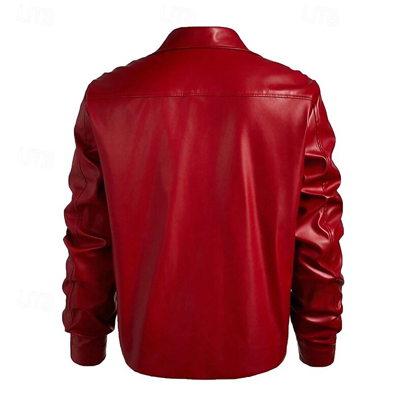 Men's Faux Leather Jacket Biker Jacket Motorcycle Jacket Vacation Daily Windproof Warm Zipper Fall Winter Plain Fashion Classic Lapel Regular Red Jacket2