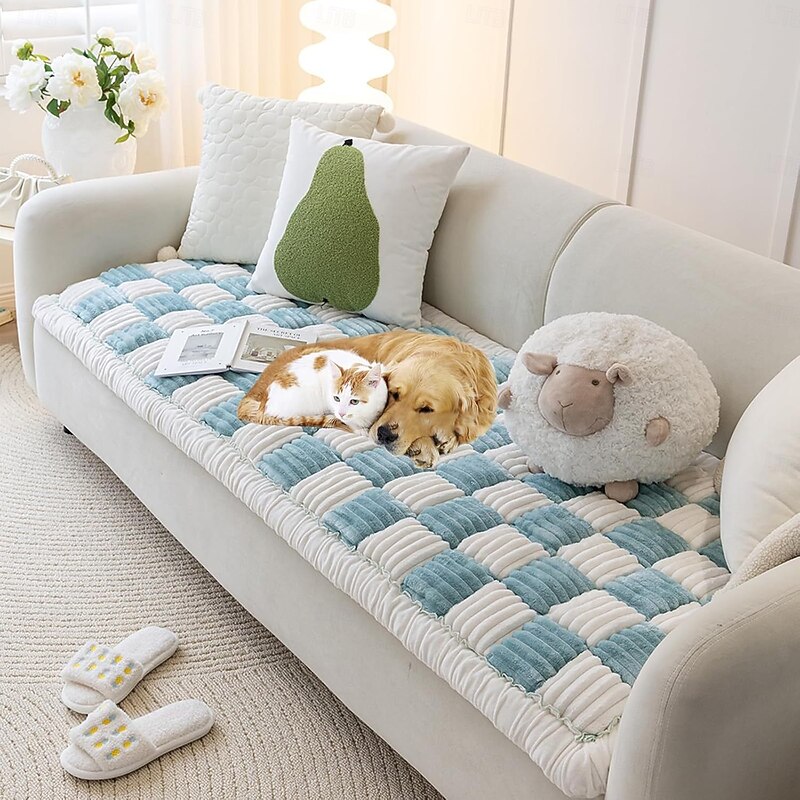 Cream Sofa Cover For Dog Large Plaid Square Fuzzy Pet Dog Mat Bed Box Cushion Couch Cover Pet Friendly4