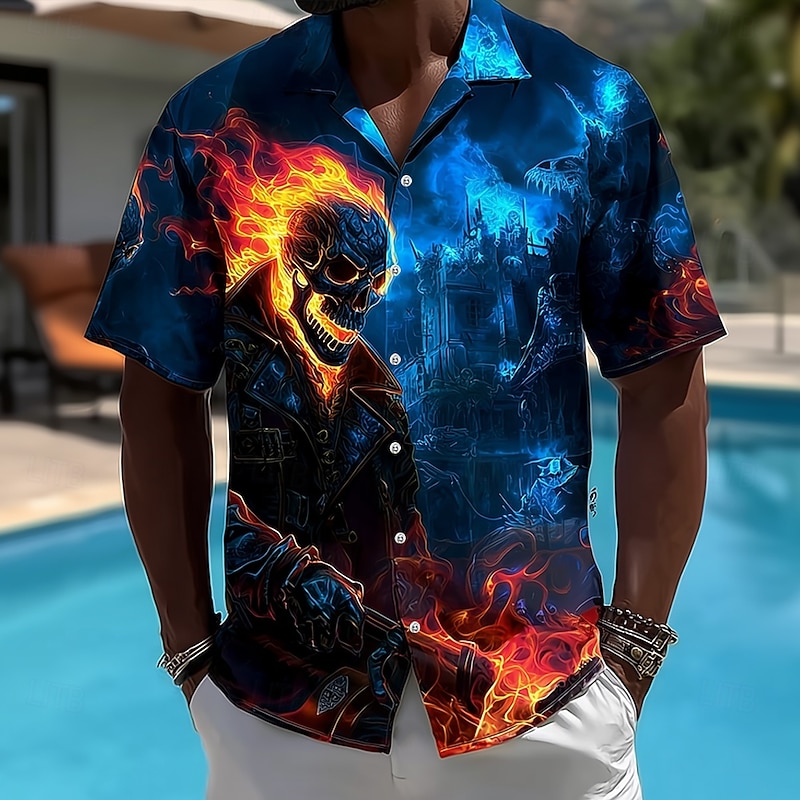 Men's Skull Flame Halloween Costumes Shirt Cuban Collar Shirt Button Up Shirt Short Sleeve Dark Punk Gothic Style Holiday Streetwear Summer Camp Collar Shirt 3D Print Blue 2# Blue 1# Dark Blue
