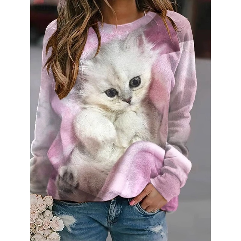 Women's Pullover Sweatshirt Hoodies Graphic Animal Cat Fashion Casual Long Sleeve Crew Neck Regular Tops Street Dailywear Casual Print Light Pink Light Blue Spring Fall Winter4